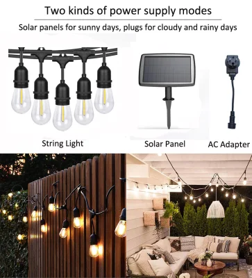 48FT S14 Solar Externo em Iluminação Festiva Jardim Fio de Luzes com Lâmpadas LED Edison